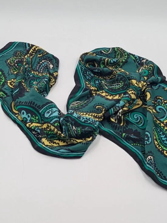 Vintage Anne Klein Silk Paisley Scarf | Black, Blue, Teal, Green, Yellow, Gold - Picture 1 of 3